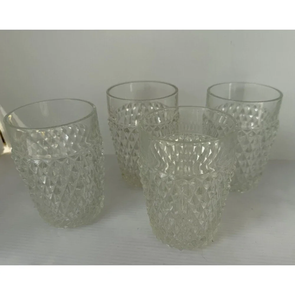 VTG Indiana Glass Diamond Point Clear Flat Tumblers 4 5/8” Set of 4 10 Oz Juice